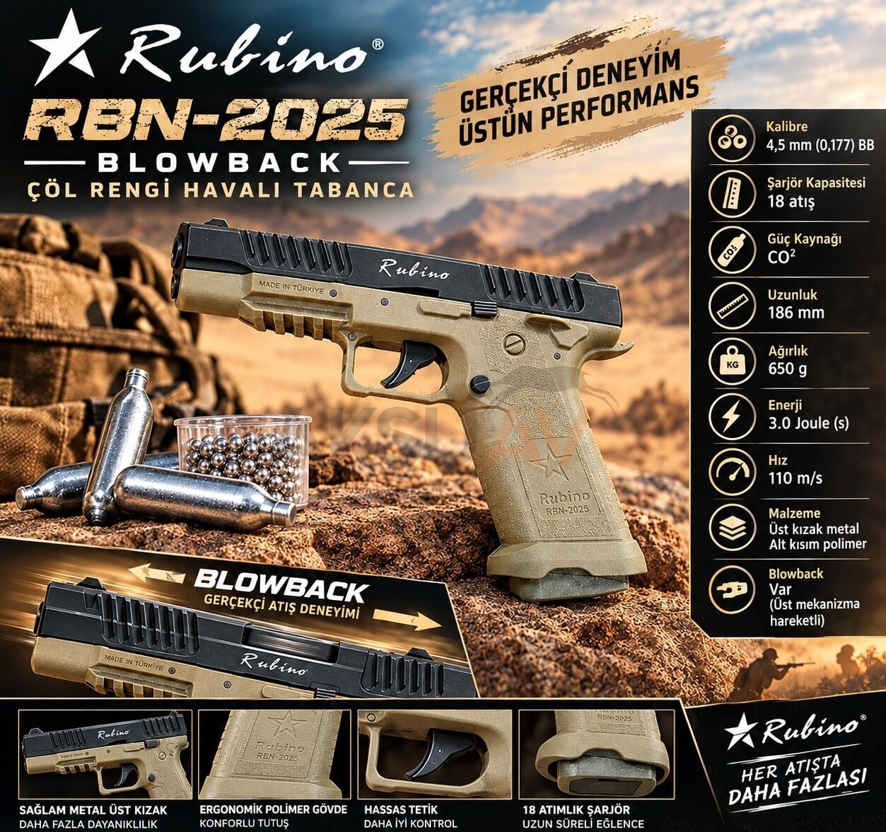 Rubino RBN-2015 Çöl 4.5 mm Blowbackli Havalı Tabanca