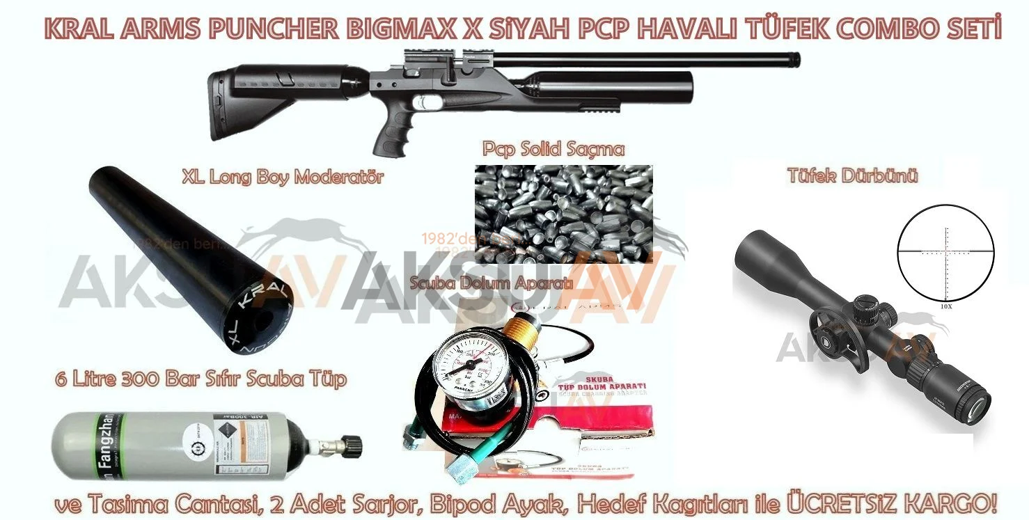 Kral Puncher Bigmax X Siyah Combo FULL PCP Havalı Tüfek Seti (Scuba + FFP Dürbün + Moderator)