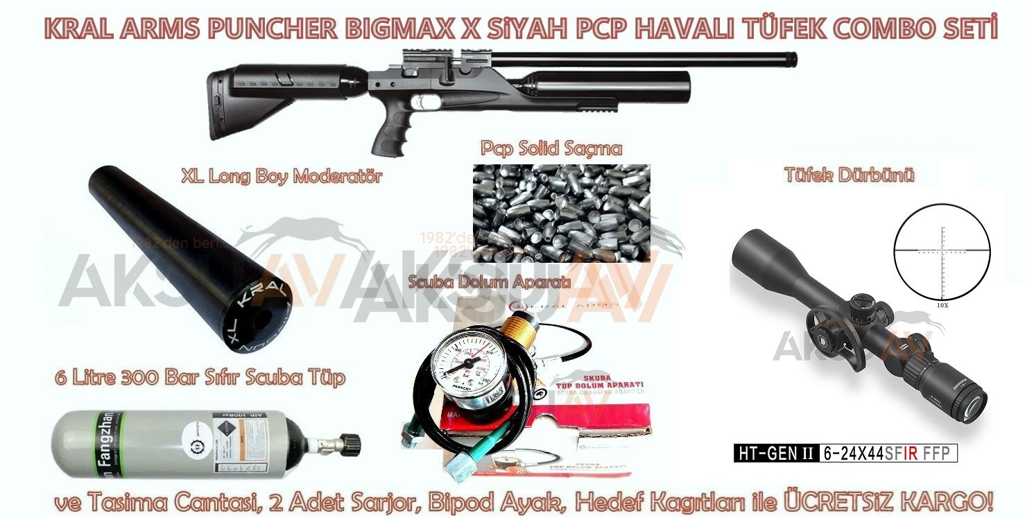 Kral Puncher Bigmax X Siyah Combo FULL PCP Havalı Tüfek Seti (Scuba + FFP Dürbün + Moderator)