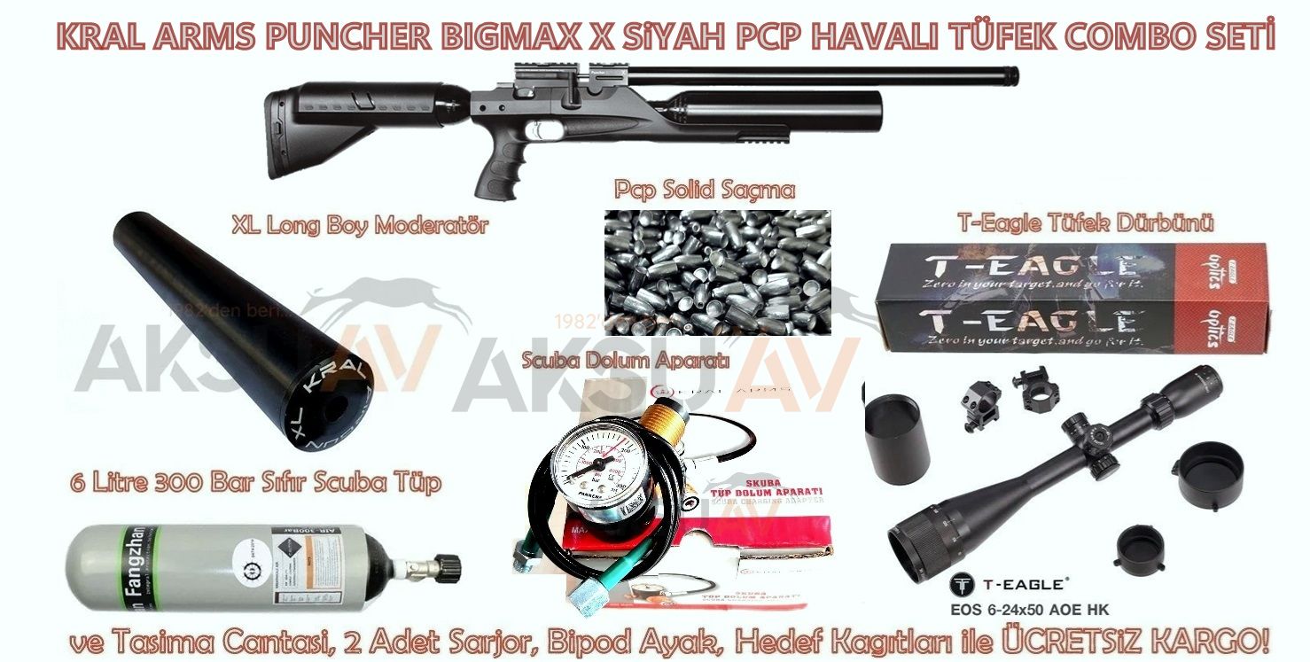 Kral Puncher Bigmax X Siyah Combo Full PCP Havalı Tüfek Seti (Scuba+Dürbün+Moderator)