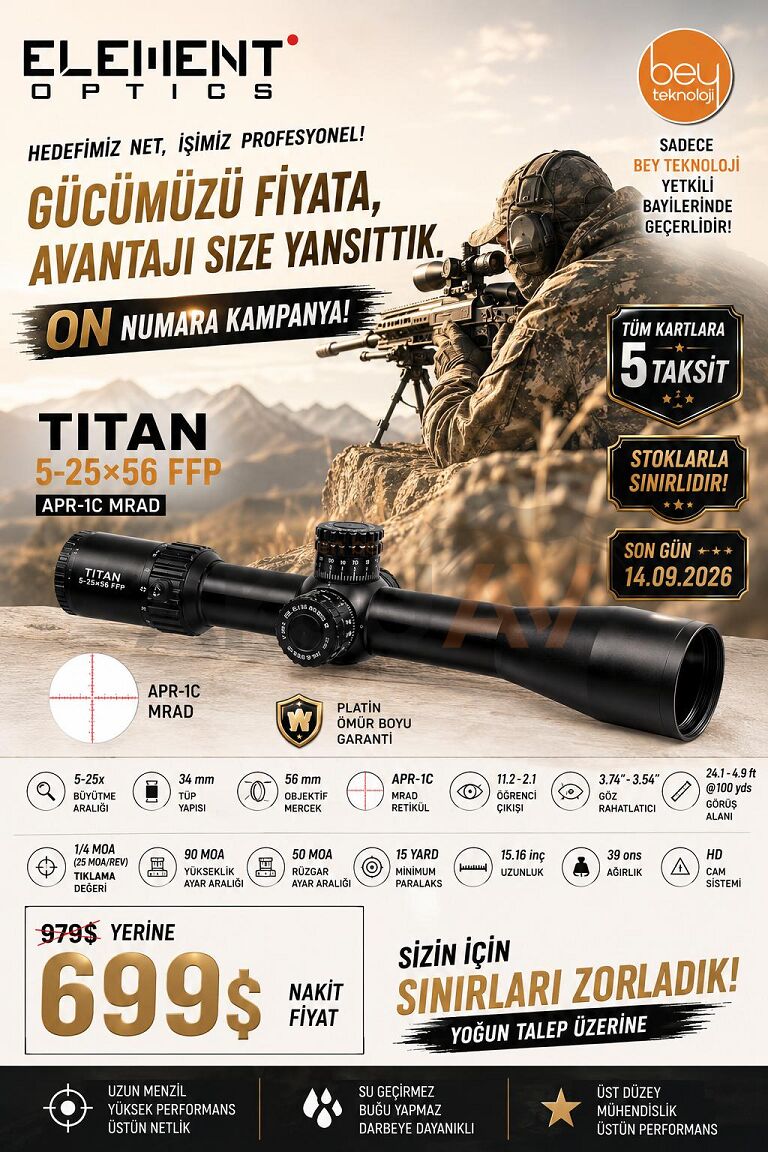 Element Optics Titan 5-25x56 FFP MRAD Tüfek Dürbünü, APR-1C