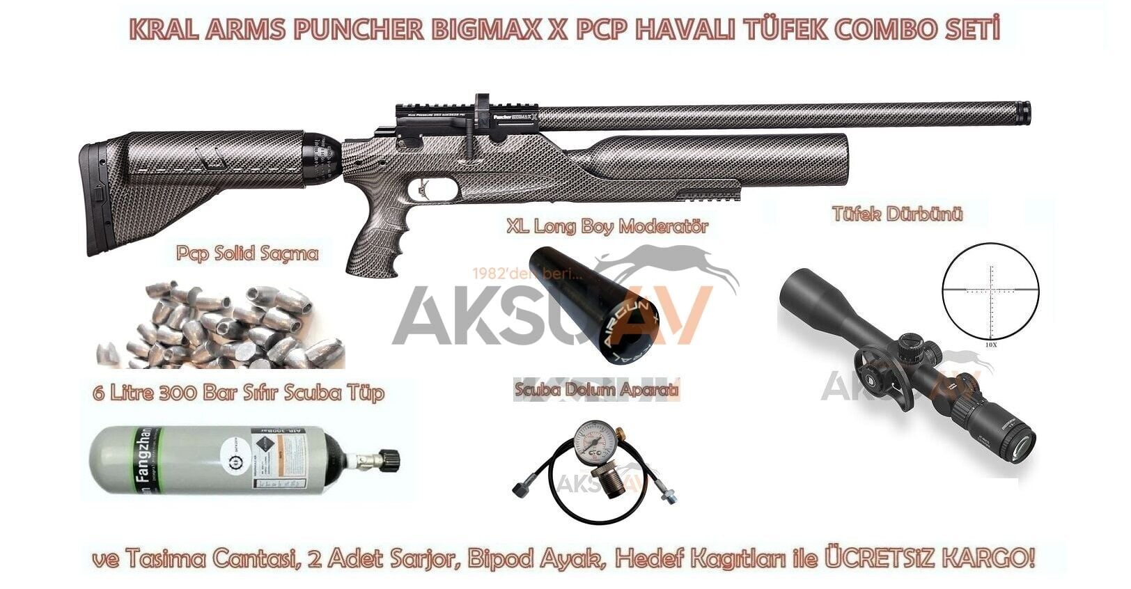 Kral Puncher Bigmax X Carbon Combo FULL PCP Havalı Tüfek Seti (Scuba + FFP Dürbün + Moderator)